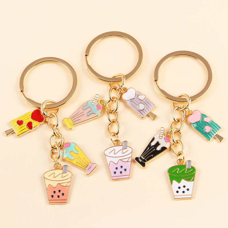 2023 Trendy Cute Enamel Milk Tea Ice Cream Pendants Keychain Creative Snack Key Rings For Women Men Bags Car Key Decor Jewelry