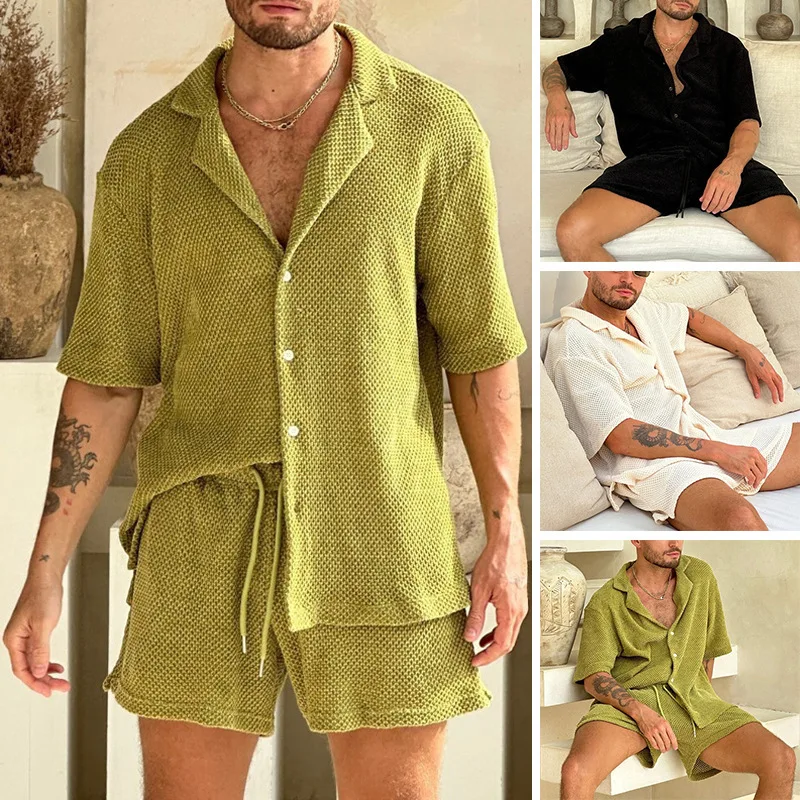 

Men Tracksuit Short Sets Single Breasted Blouses Cardigan Blouse Solid Drawstring Shorts Loose Pockets Sports Casual Summer