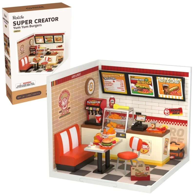 Robotime DIY Miniature House Kit Dollhouse Model Kit with LED Burger Shop And Leisurely Cheers Bar And Sweet Sips Tea