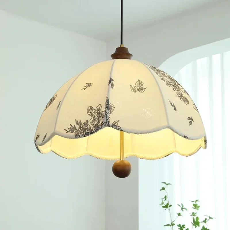 

Morden Fabric Pendant Lamp French Style Led Pendant Light for Bedroom Bar Counter Living Room Solid Wood Celling Chandeliers