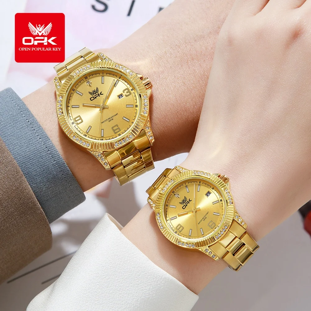 OPK 8184 Роскошные полностью золотые женские часы, водонепроницаемые светящиеся кварцевые часы с автоматической датой, брендовые оригинальные мужские и женские часы для отдыха