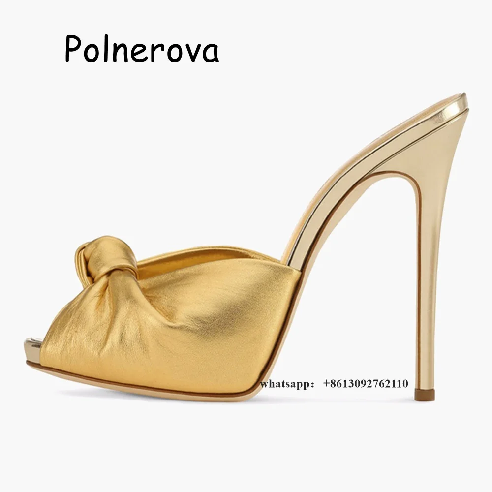 

Butterfly Knot Gold Heels Slippers Women Sexy Party High Thin Heels Dress Shoes Causal Romance Lady Slippers Mules Large Size