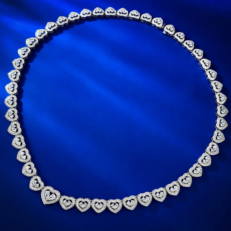 S925 Silver Heart Full Diamond Necklace Collar Chain Luxury Fashion Celebrity Style