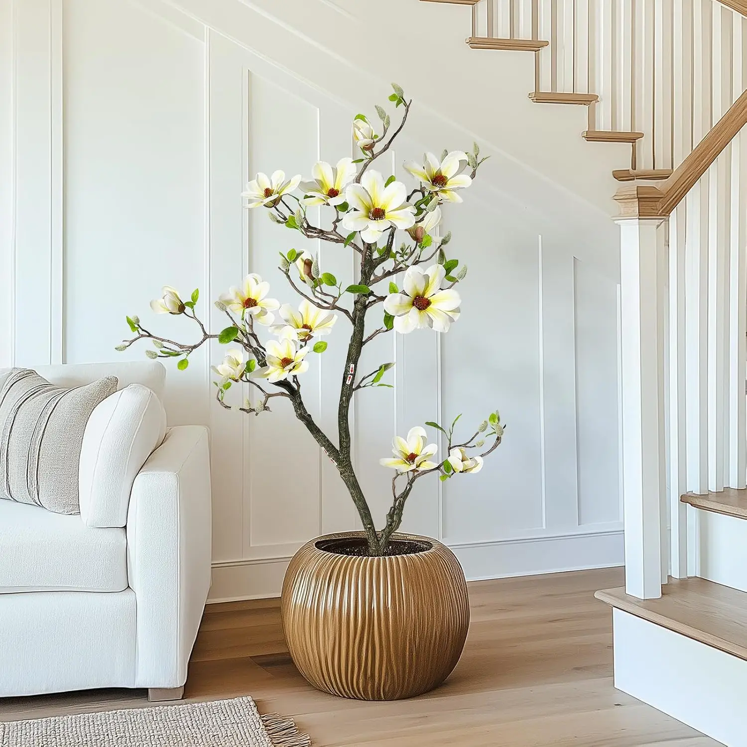 Plantas Artificiales de Magnolia, Árboles de Flores Falsas con Flores Realistas, Hojas Vívidas, Musgos, Maceta Blanca para Decoración de Jardín y Patio