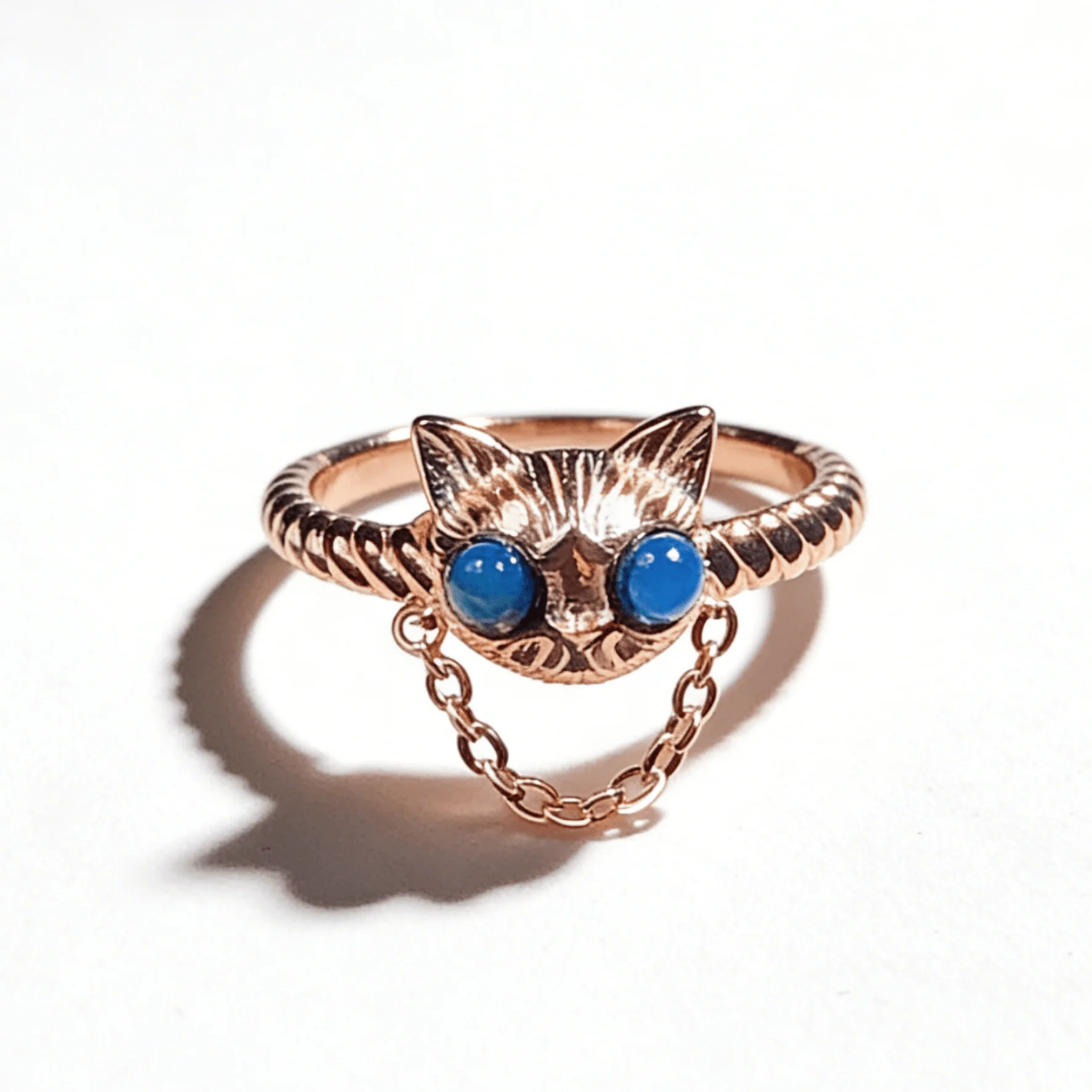 

925 Silver Blue Amber Cat Ring, 3mm Round Natural Mexican Blue Amber, Cute 3D Cat Head Design, Vintage Sweet & Cool Style