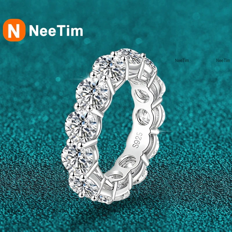 NeeTim 5mm Full Moissanite Ring 925 Sterling Silver with White Gold Plated Wedding Eternity Engagement Rings for Women Jewelry