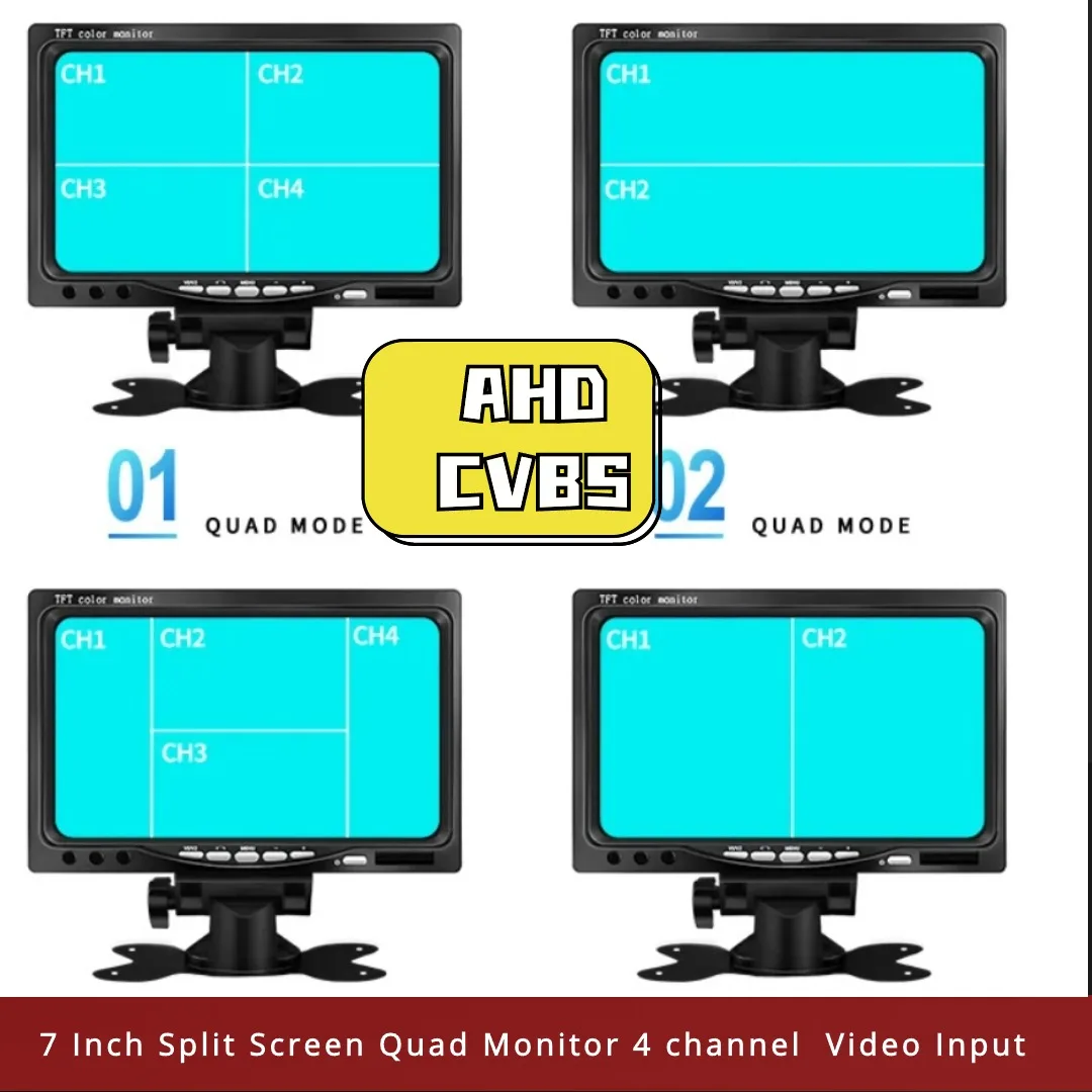 

AHD CVBS 7 Inch Split Screen Quad Monitor 4 channel Video Input Windshield Style Parking Dashboard For Car Rear View Camera