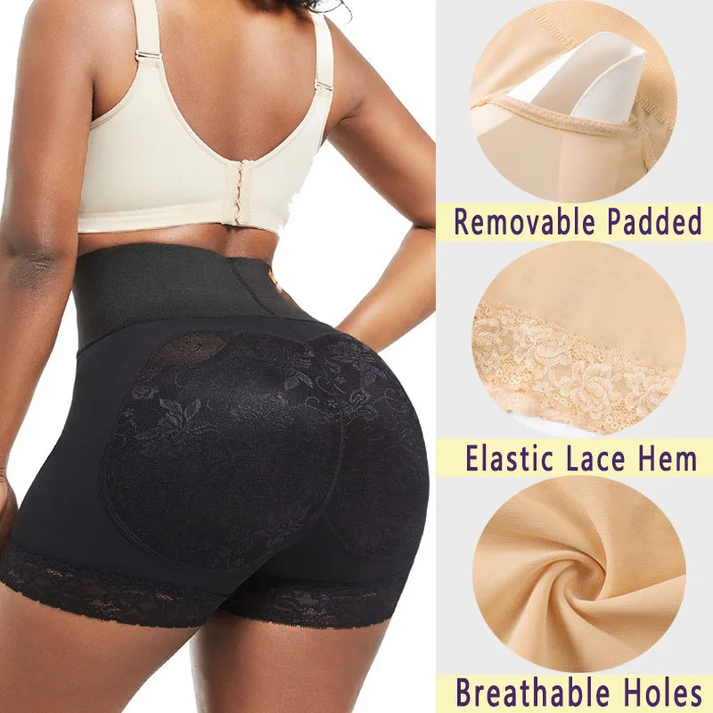 GUUDIA Removable Padded Butt Lifting Widen Waistband Butt Enhancer Lace High Waist Tummy Control Shapewear for Women Body Shaper