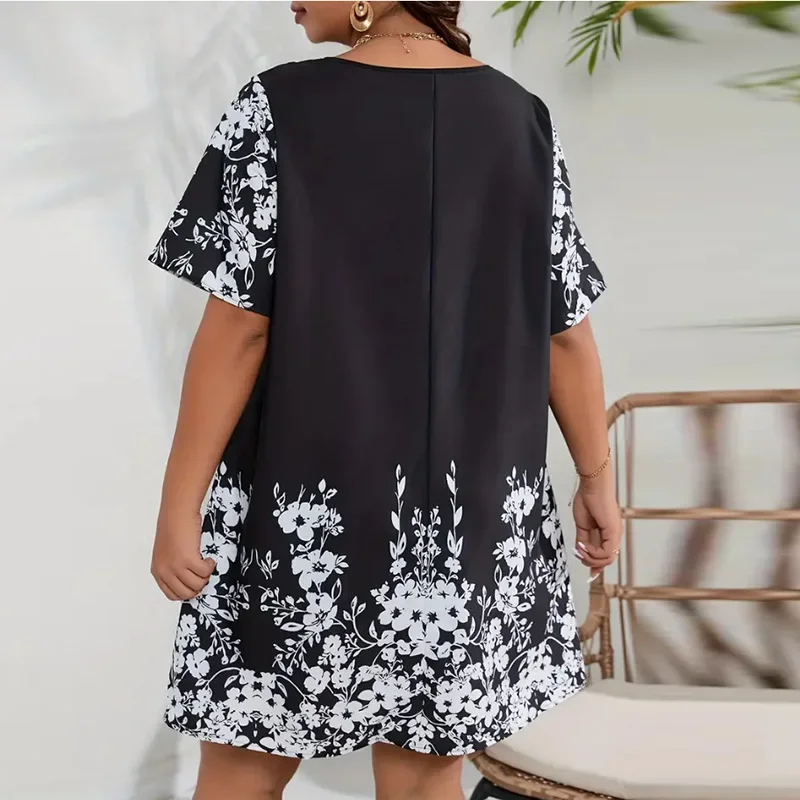 Summer Women Casual Oversize Dress Plus Size V Neck Short Sleeve Flower Print Short Dress Women Elegant Beach Holiday Dress