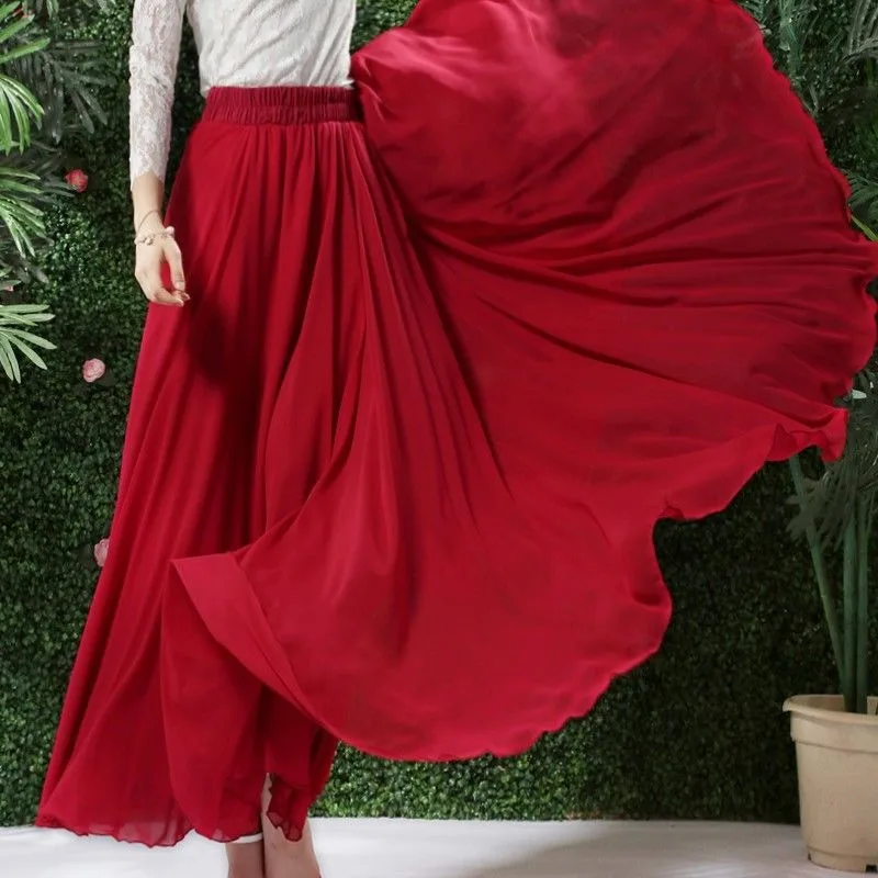 2025 New Streetwear 720 Degree Wide Chiffon Double Layer High Waist Red Long Dress Purple Dance Dress Beach Vacation Skirt Women