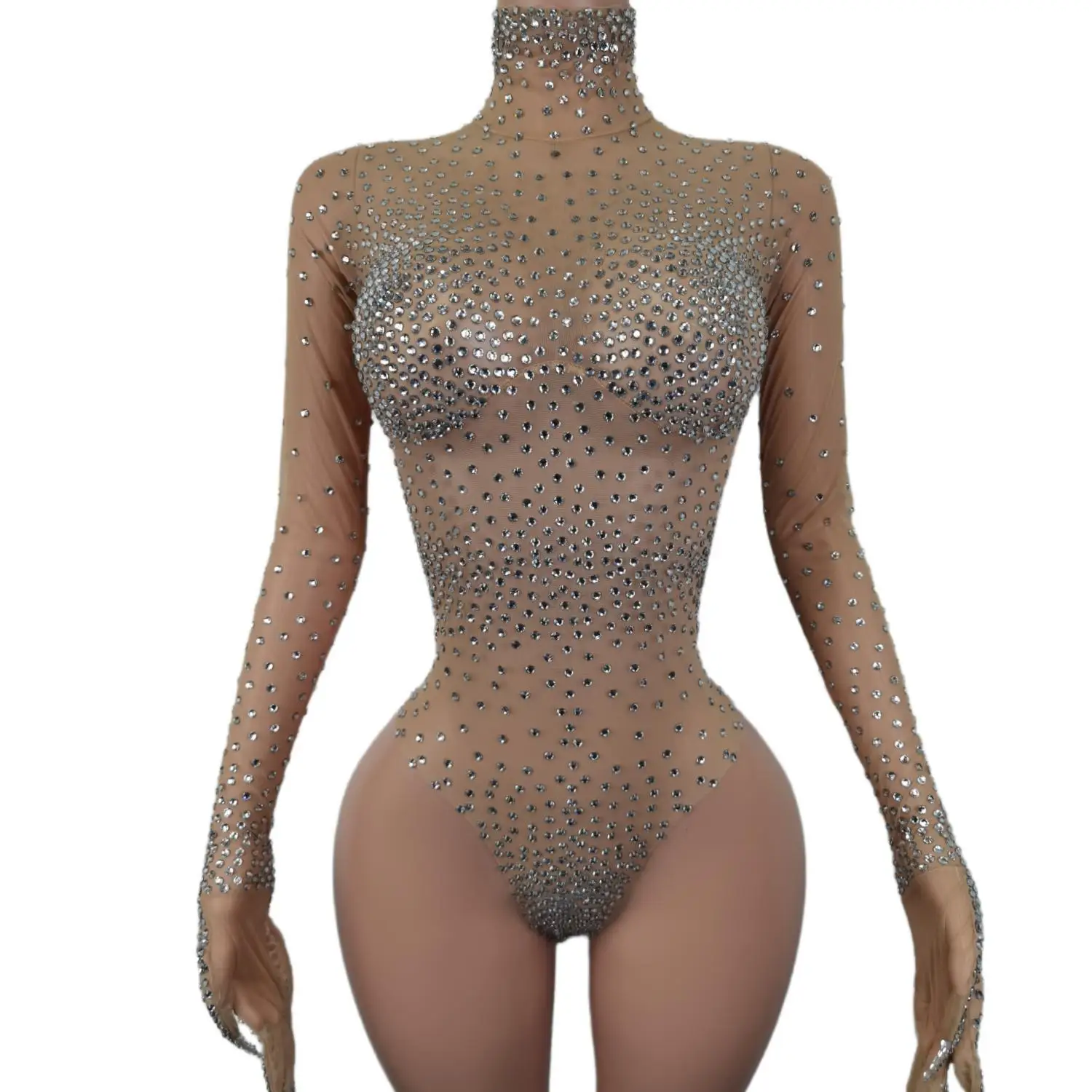 Sexy Rhinestone Women Long Sleeve Bodysuit Gloves Party Tight Fitting Leotard Dancer Nightclub Stage Designer Clothes Liangjia