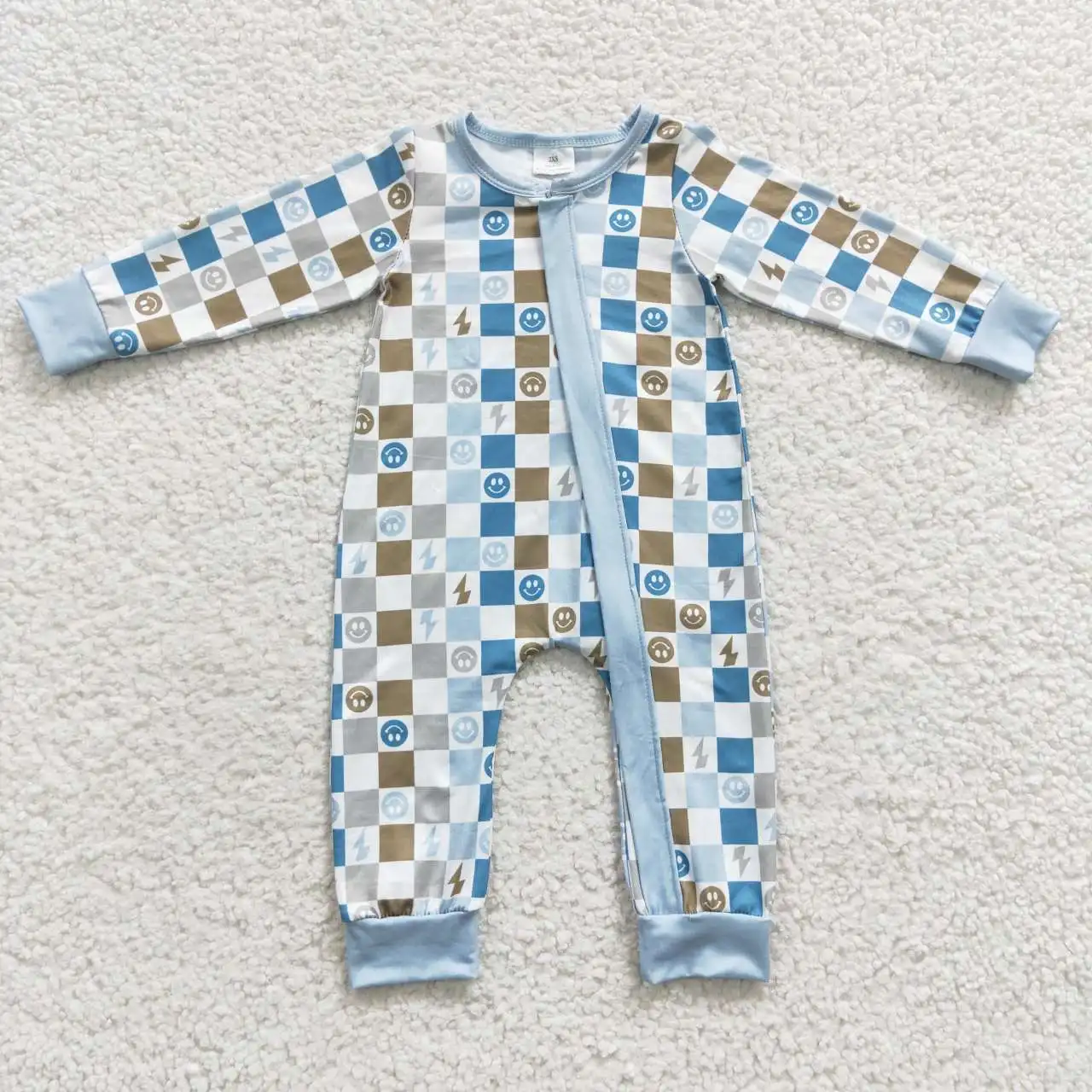 Latest Design Wholesale RTS K​ids Fall Bodysuits Toddler Blue Checkered Rompers Baby Zip Sleepers