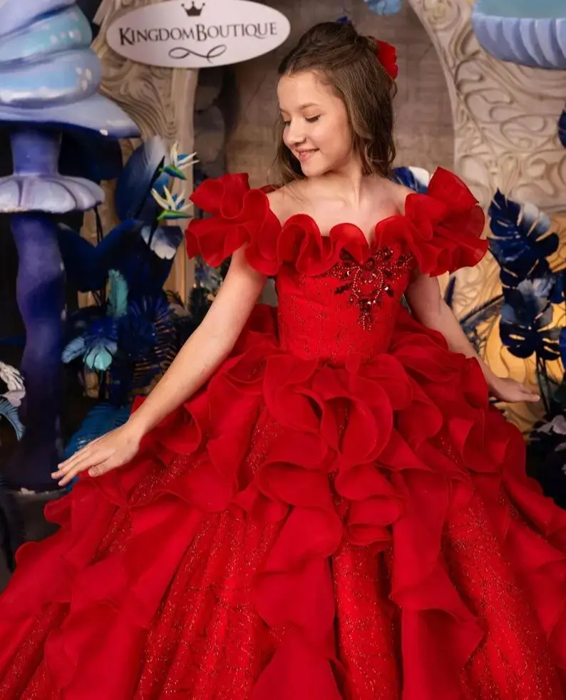 

Luxury Red Flower Girl Dresses Beading Ball Gown Ruffles Girl's Birthday Party Gowns Customized Off The Shoulder Pageant Wear