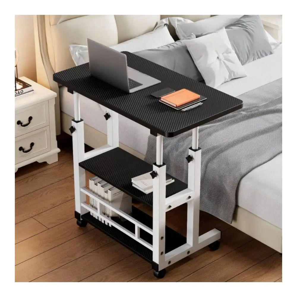 

Metal Folding Desk With Wheels Storage Shelf, Height Adjustable Expandable Desktop, For Laptop, Study, Office Work, Rolling Com