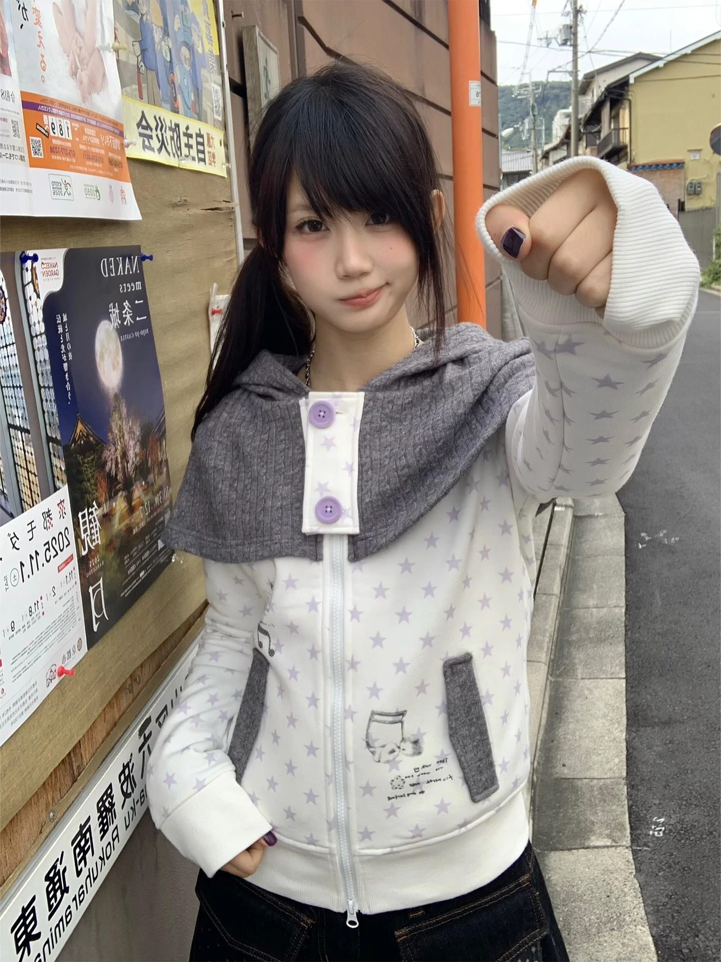 

moreeep Purple Star Note Fce Lined Hooded Jaet oulder Sle Special Design Comfortable Loose Fit Long Sve Zipper...