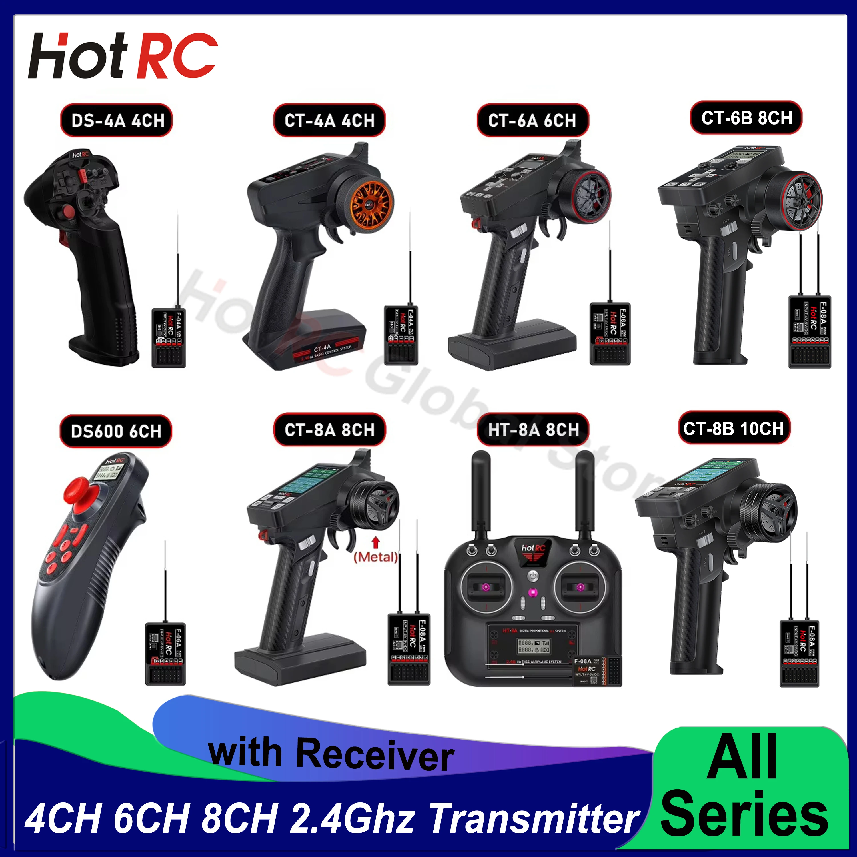 HOTRC All Series 4/6/8/10CH 2.4G Transmitter DS-600 DS-4A CT-6A CT-6B CT-8A CT-8B HT-8A with Receiver for RC Car Plane Boat Tank