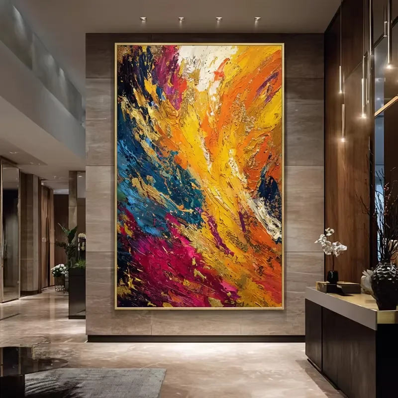 Contemporary Bold Multi-color Abstract Oil Painting Heavy Textured Fiery Strokes Gold Foil Canvas Art for Hotel Decor
