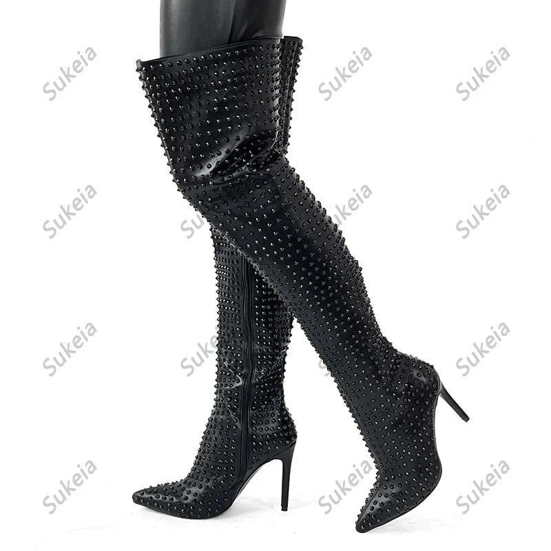 Sukeia Handmade Women Winter Thigh Boots Full Side Zipper Sexy Thin Heels Pointed Toe Black Party Shoes Ladies US Size 5-15