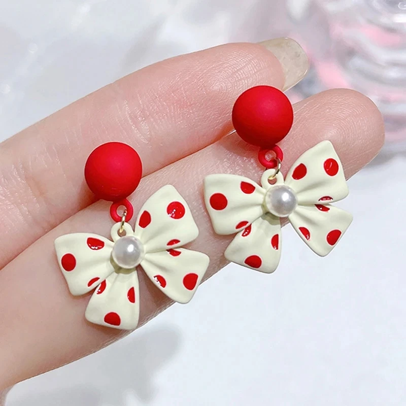 Cute Pearl Bowknot Drop Earrings for Women Red Round Dangle Earrings Wedding Party Wave Point Print Sweet Jewelry Pendientes