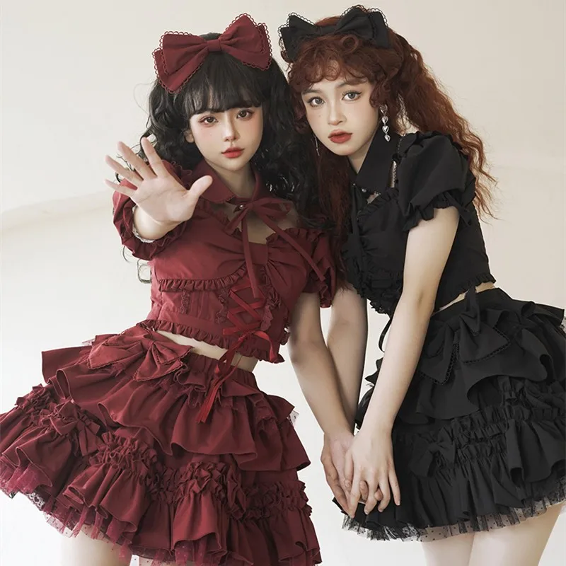 Woman Lolita Set Japanese Style Gothic Blouse Skirt Suit Summer Sexy Lolita Dress Ruffled Lace-up Skirt Sweet Fake Collar Top