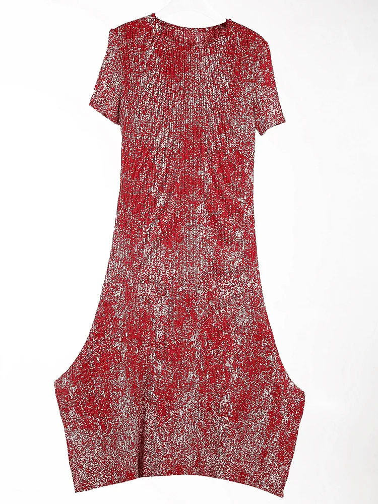 

2025 Miyake Printed Short-sleeved Dress Women Round Neck Pullover Fashion Versatile Comfortable Elegant Pleated Skirt Summer New