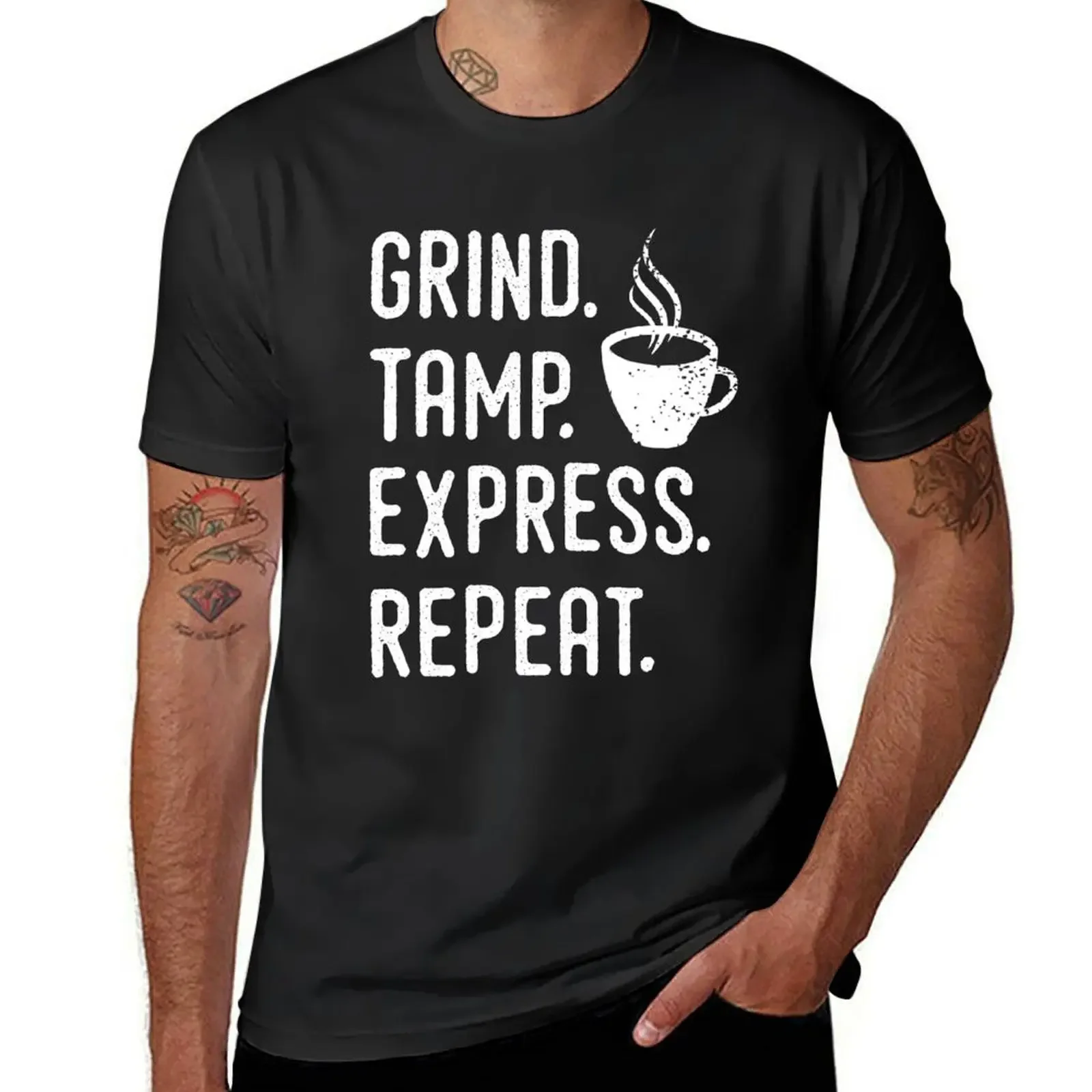 Barista Espresso Design - Grind, Tamp, Express, Repeat - White Text T-Shirt oversized quick drying mens graphic t-shirts funny