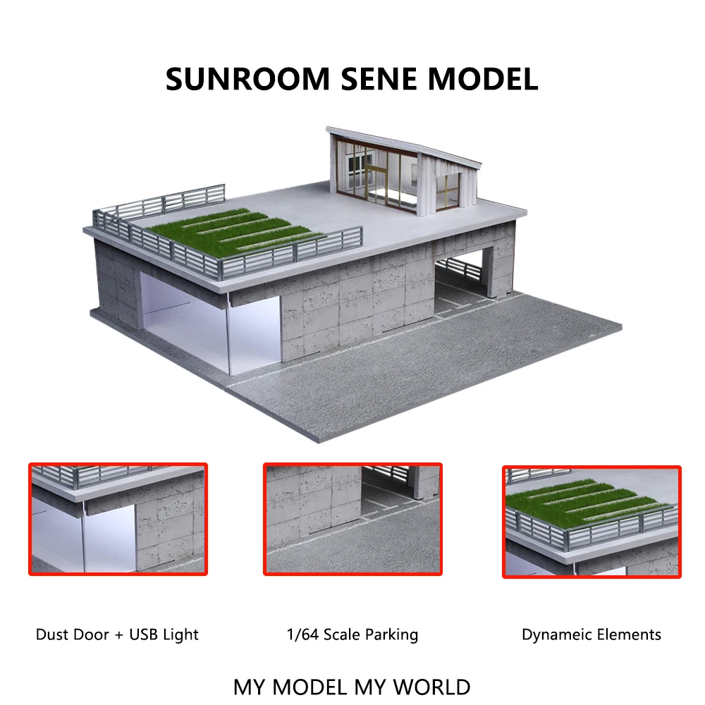 1:64 Morimoto Factory & Sunroom Scene Models - Lighting Version Car Garage Simulation Collection Gift Ornaments for Home Decor