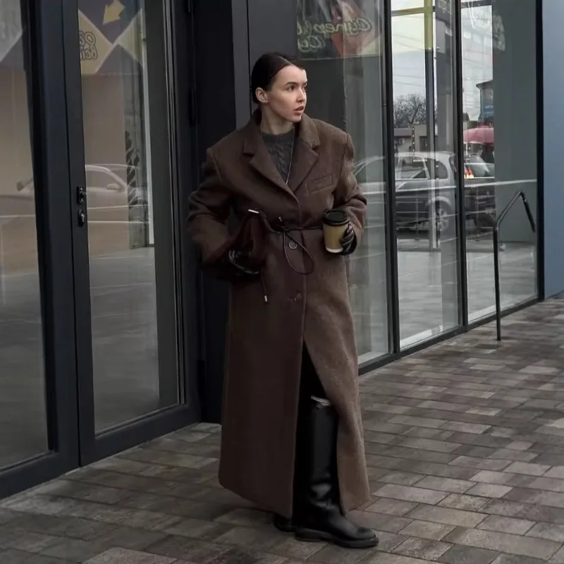 European American Women' Clothing Fashion Casual Lapel Handsome Long Woolen Coat Jacket Exquisite Simple Trend Personality Retro