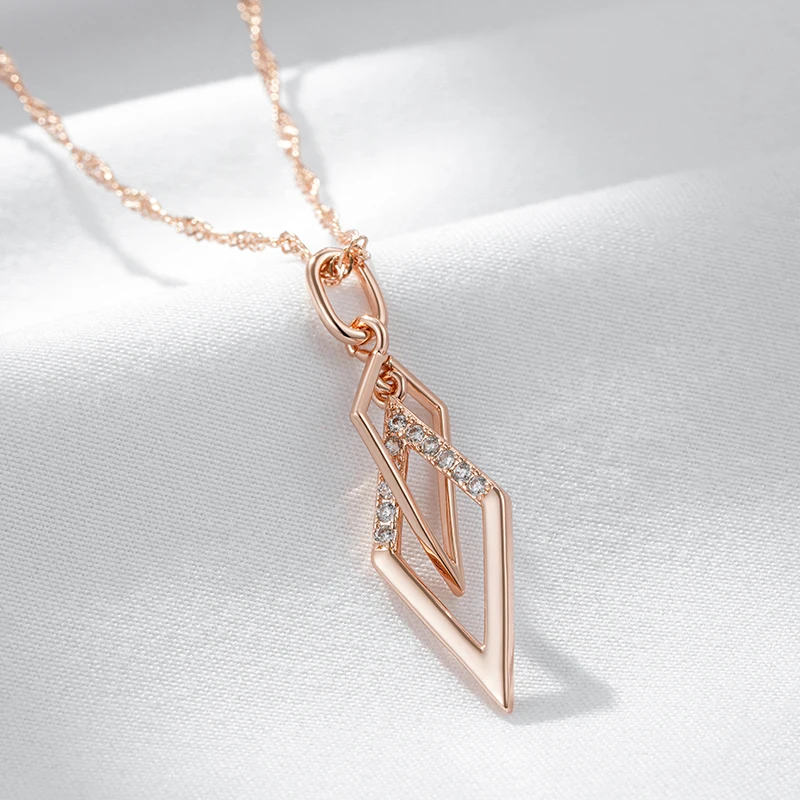 Kinel Fashion Glossy Hollow Rhombus Pendant Necklace for Women Unusual Natural Zircon 585 Rose Gold Color Daily Fine Jewelry