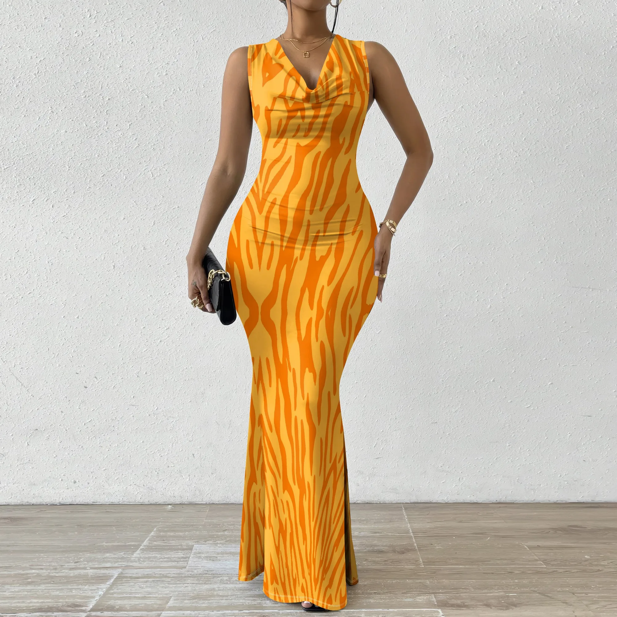

Orange Tiger Print Maxi Dress XS-2XL Sleeveless V-Neck Cowl Style for Afro Festival, Tropical Party or Bold Summer Streetwear
