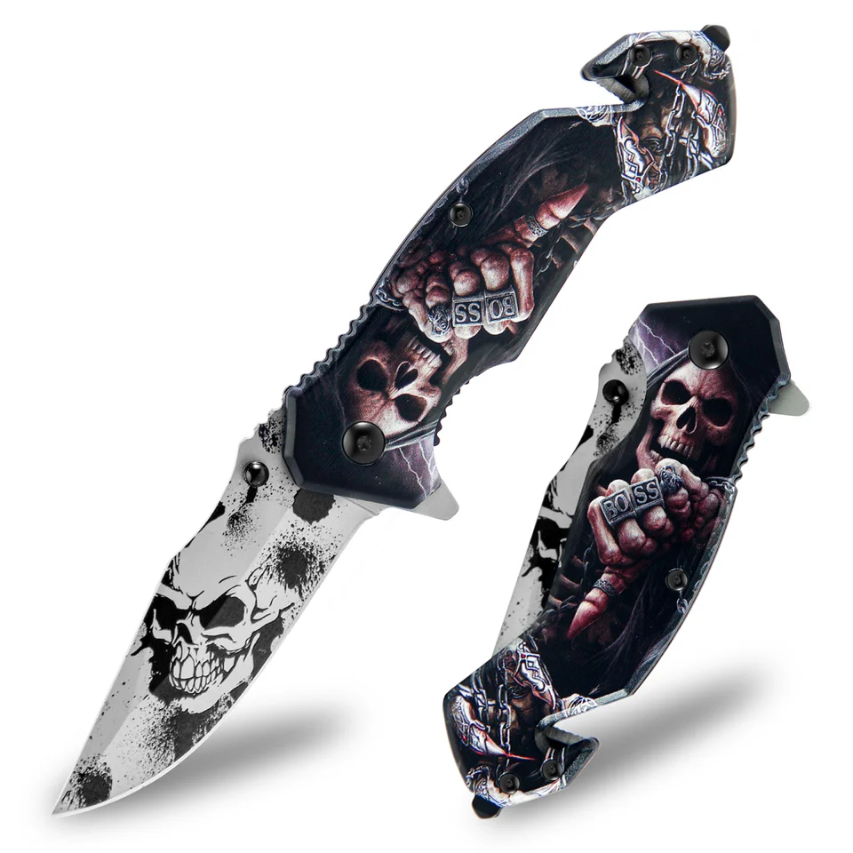 Skull Pattern Stainless Steel Folding Knife for Outdoors