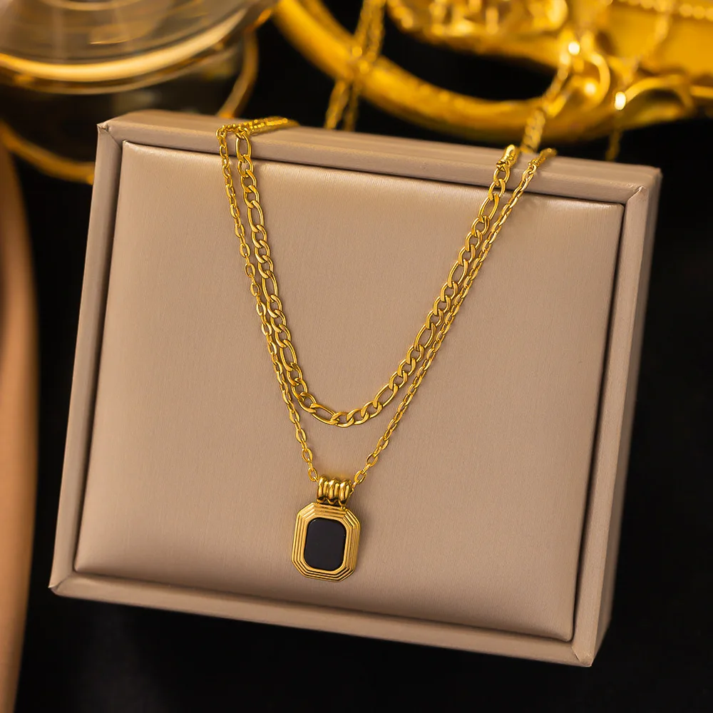Collier carré noir double couche de luxe léger à la française, ras-de-cou rétro distinctif pour assortir aux pulls