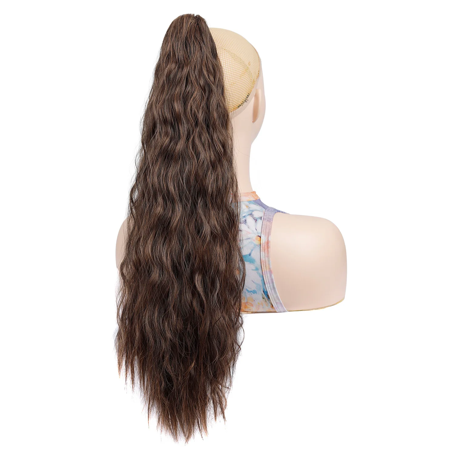 女性用合成ポニーテール ウォーターウェーブ ロング クロークリップ ポニーテール ハイライト ブラウンカラー ヘアエクステンション 24 インチ M006