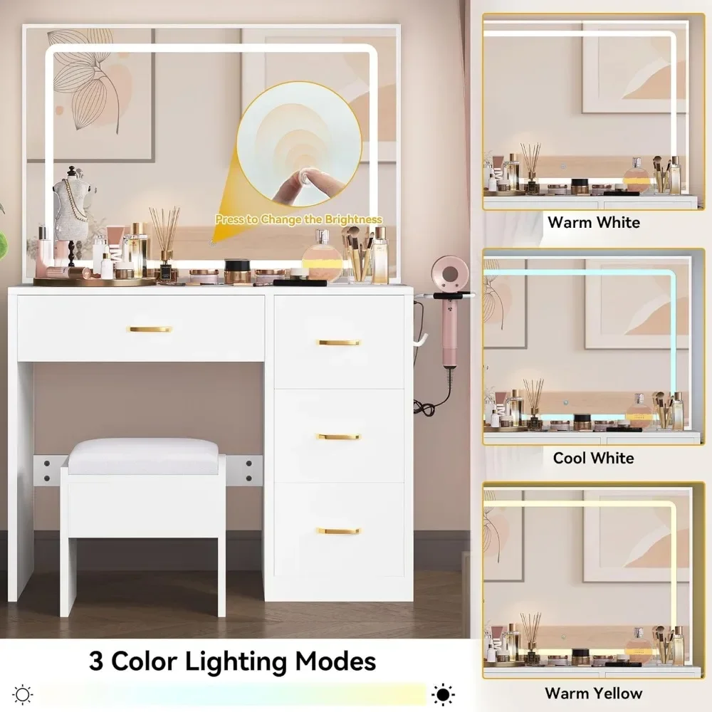 Maquiagem Vanity Desk Set com grande espelho e luzes LED para as mulheres, brilho ajustável, 4 gavetas, fezes almofadadas