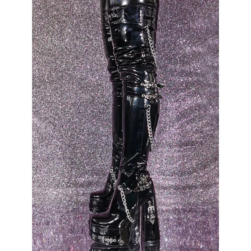 Punk Style Belt Metal Buckle Studs Platform with Long Chains Thigh Boots Black Block High Heel Stage Woman Over The Knee Boots