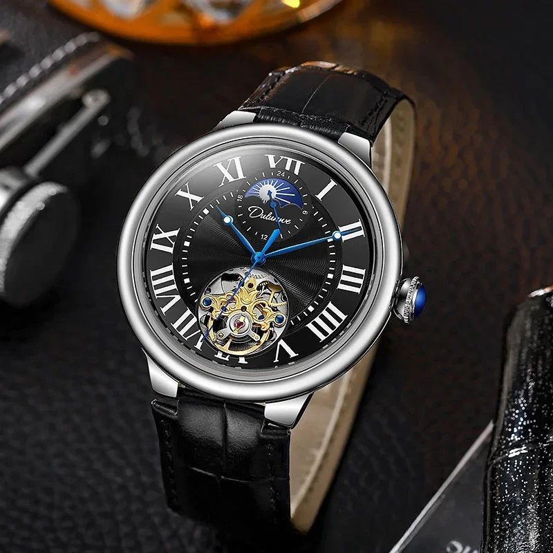 Tourbillon Automatic Mechanical Men Watch Business Hollow Waterproof Leather Watch Luminous Moon Phase Sports Men Watch