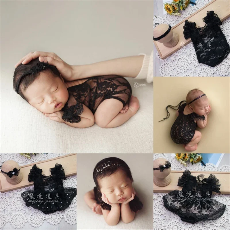 

Newborn Baby Girls Clothes Photography Props Black Lace Outfits Dress Headband 2-piece Set Fotografia Studio Photoshoot Props