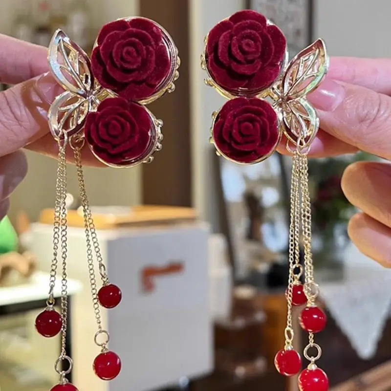 1pc Vintage Elegant Red Flocked Rose Tassel Hair Clip Stylish Ponytail Claw Crab Clip For Girls Women Delicate Hair Accessories