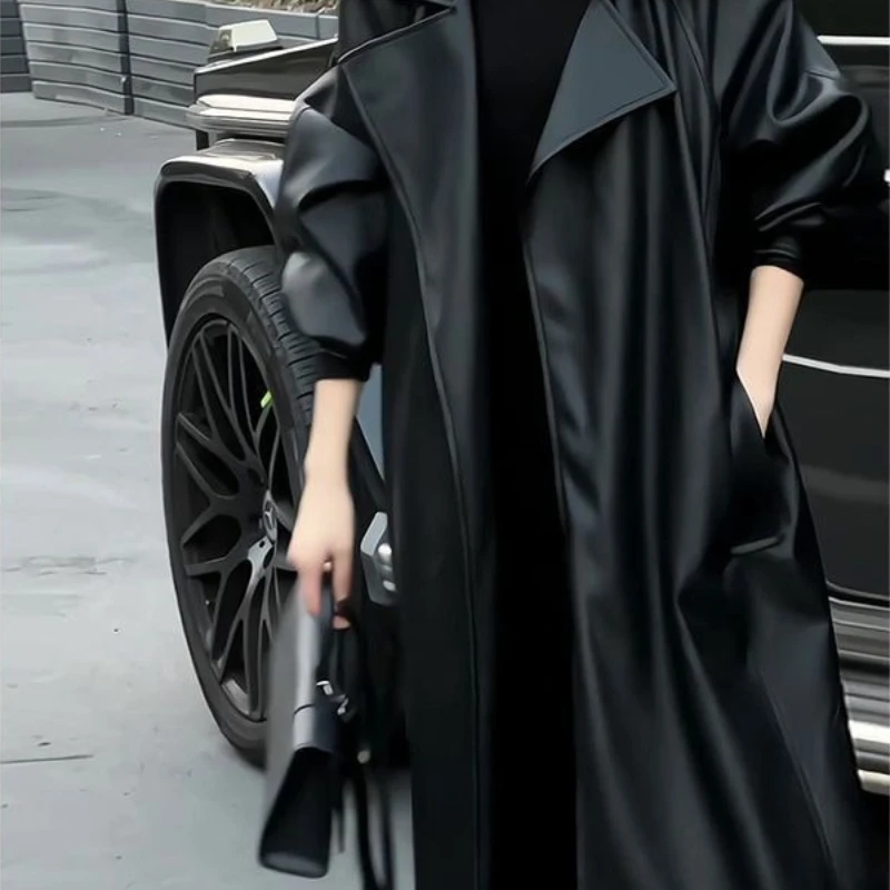 2025年秋ファッション ハイエンド 個性派 ラペル スリムフィット 膝丈 レザー ジャケット レディース