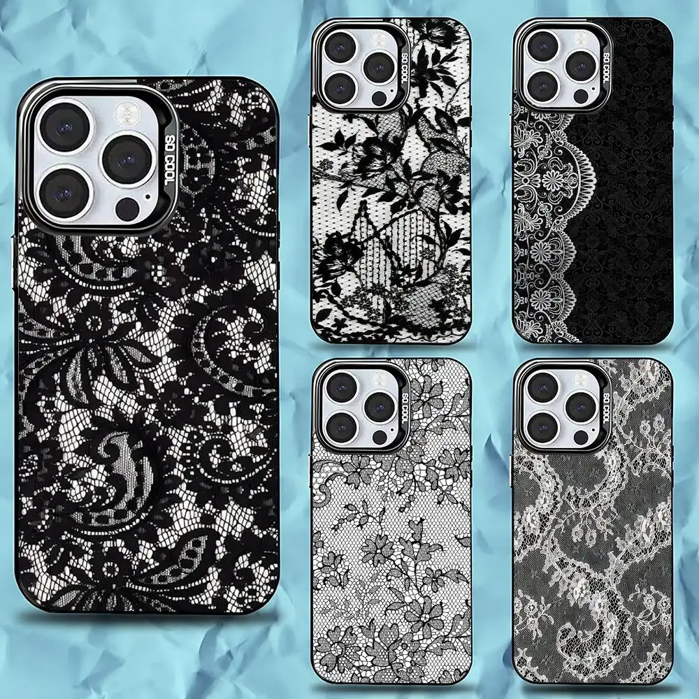 

Vintage Lace Phone Case For iPhone 16,15,14,13,12,11,Pro,Max,Plus,Mini,XS,SE Anti Fall Black Matte Hard Bumper