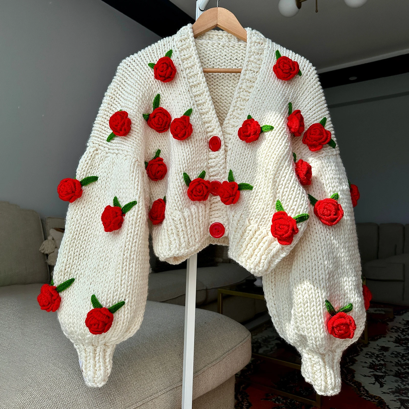 Harajuku Cropped Knitted Cardigan Women Y2K 3D Flower Sweater Coat Streetwear Oversized Knitwear Jacket Winter Jumpers Outwear