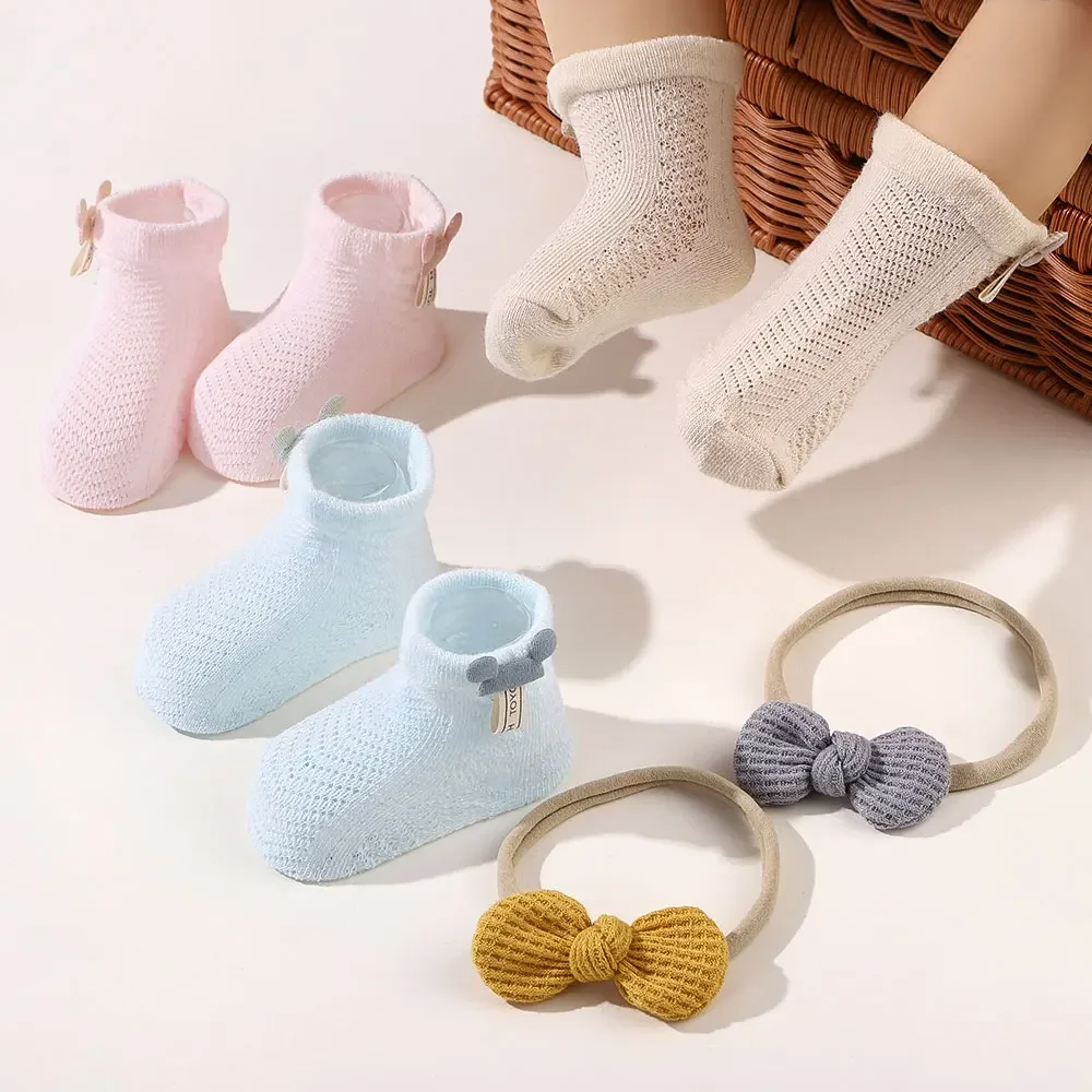 Baby Soft Socks Headband Sets Solid Cotton Girls Breathable Socks Cute Bows for Children Baby Little Girl Clothing Accessories