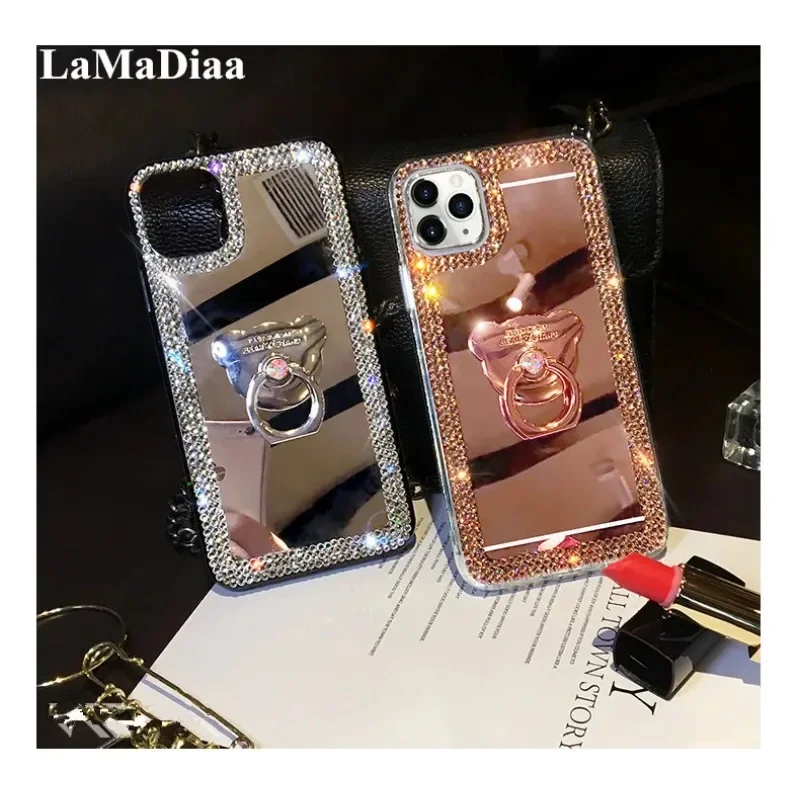 

Luxury Crystal Bling Diamond Mirror Case for IPhone 14, 15, 16, 12, 13 Pro Max, Rhinestone Ring Stand, Shiny Cover