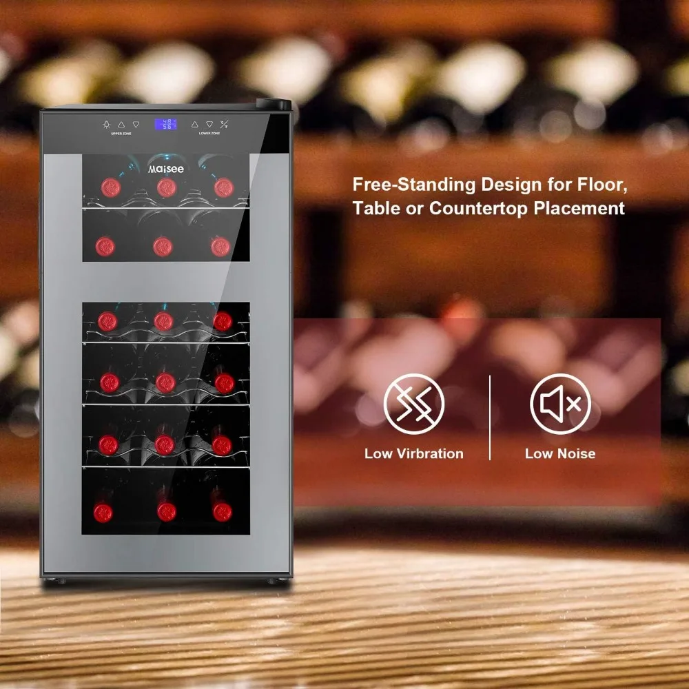 Wine Fridge Dual Zone,18 Bottles Wine Cooler Refrigerator Chiller Upper Zone 46f-54f Lower Zone 54f-65f for Red White