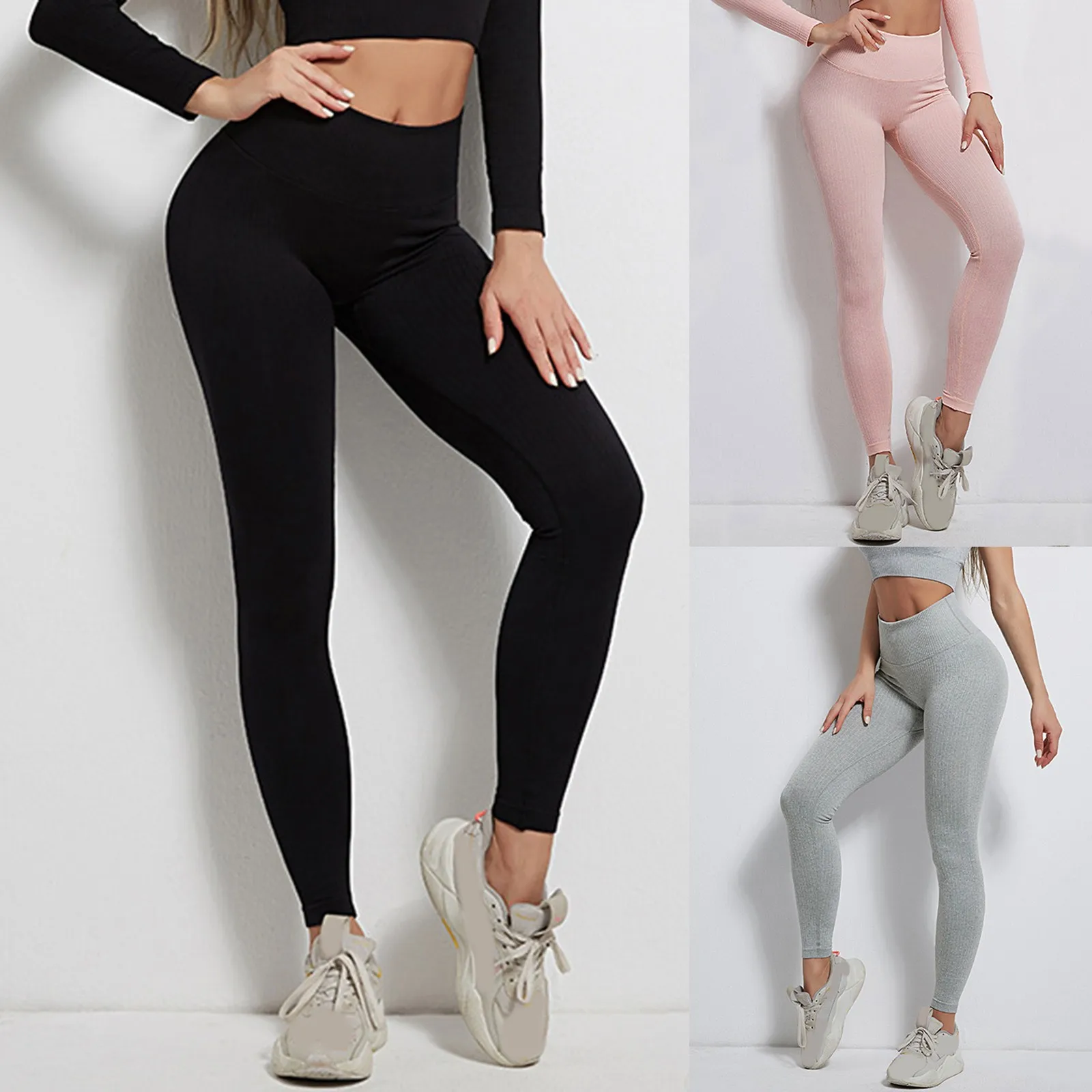 Women Seamless Striped Leggings High Waist Scrunch Yoga Workout Fitness Ribbed Gym Sets Elastic Sportwear Suits Drop Shipping