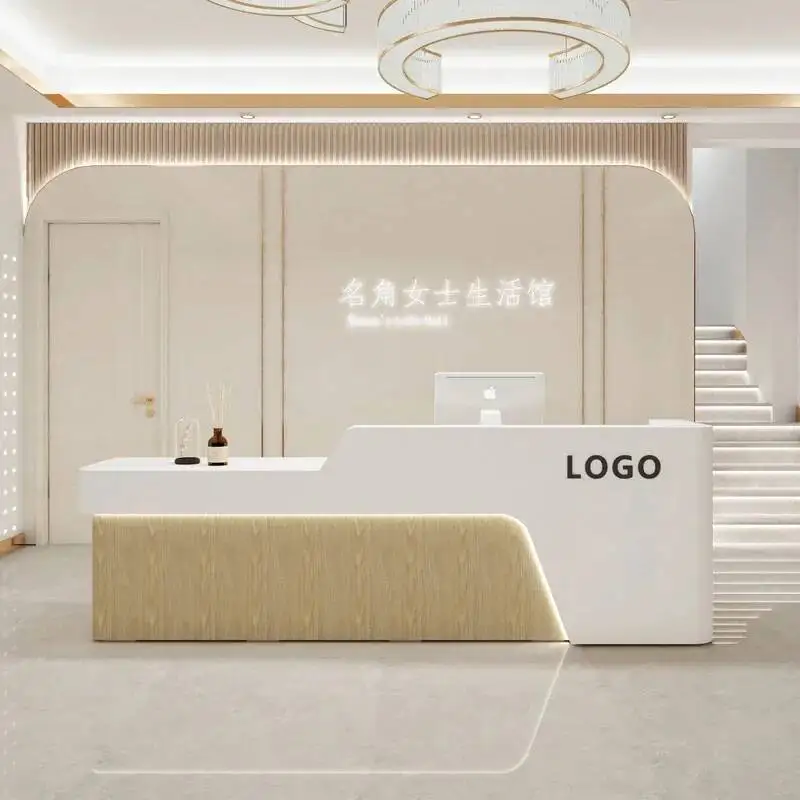 

Desk Drawer Reception White Hotel Beauty Wood Luxury Gym Console Reception Information Comptoir Caisse Commercial Furniture