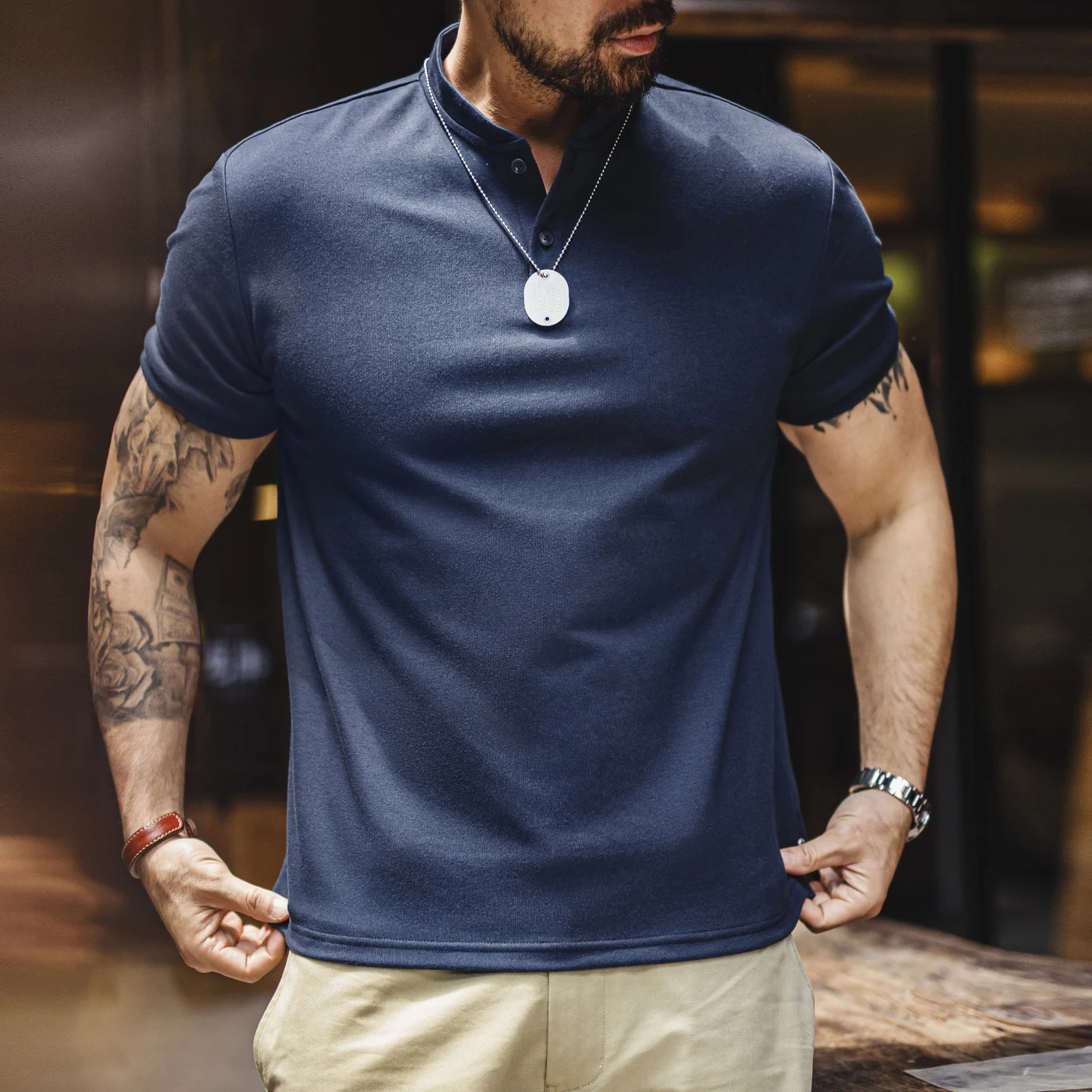 MADEN Vintage Retro Old Money Quickdry Breathable Henley Tshirt Slim Fit Tailored Shoulder Cuffed Short Sleeve Casual Men Summer