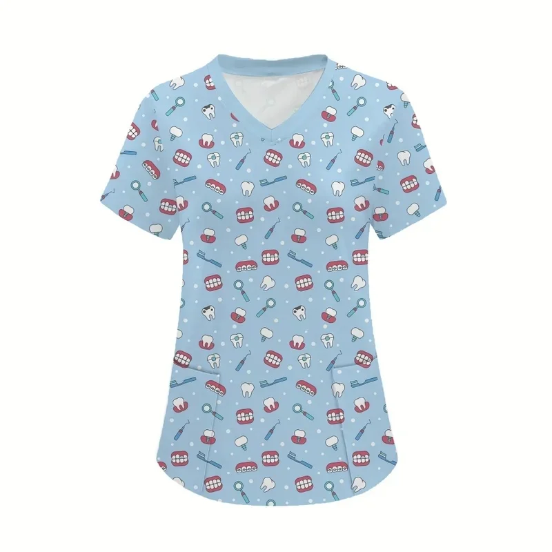 Women's Dental Healthcare Printed Short Sleeve ShirtVSlightly elastic medical collarTSurgical operating room workwear top