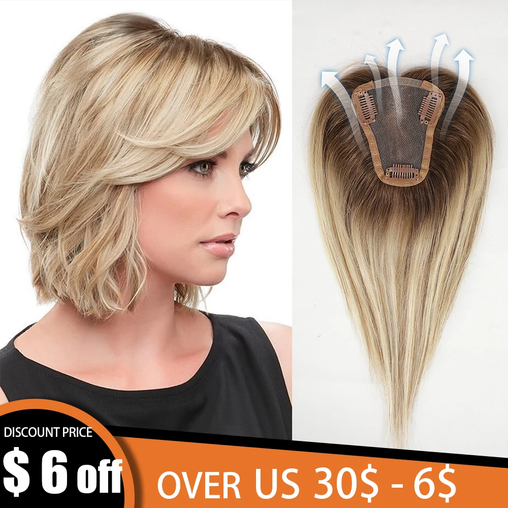 12inch Remy Human Hair Toppers Blonde Mixed Brown Hairs Topper Silk Base Clip Pieces in Hair Extension for Women with Thin Hair