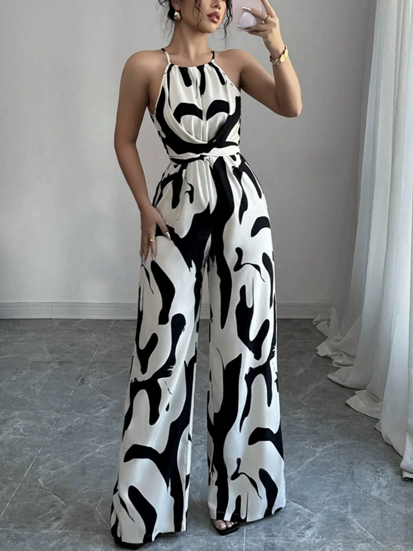 

Женский летний новый универсальный комбинезон в стиле ретро со шнуровкой на талии и высококачественным комбинезоном с подвесным воротником и принтом